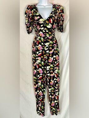 ASOS Black Multicolor Floral Tie Back Jumpsuit, Size 8